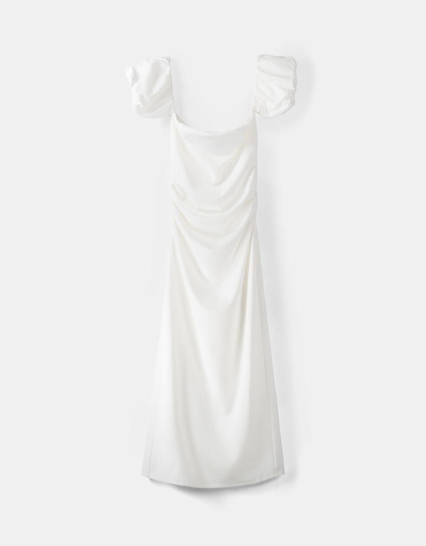Robe midi manches courtes contrastantes crêpe popeline-Blanc cassé-4