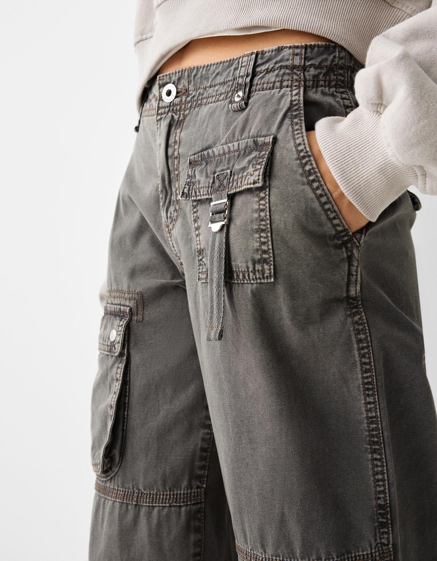 بنطال كابري كارغو قطني-رمادي داكن-3