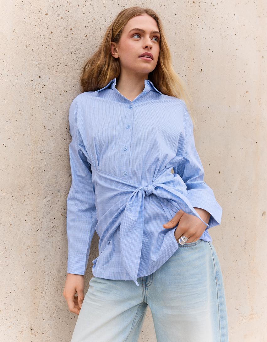 Kemeja poplin oversize dengan pita-Biru