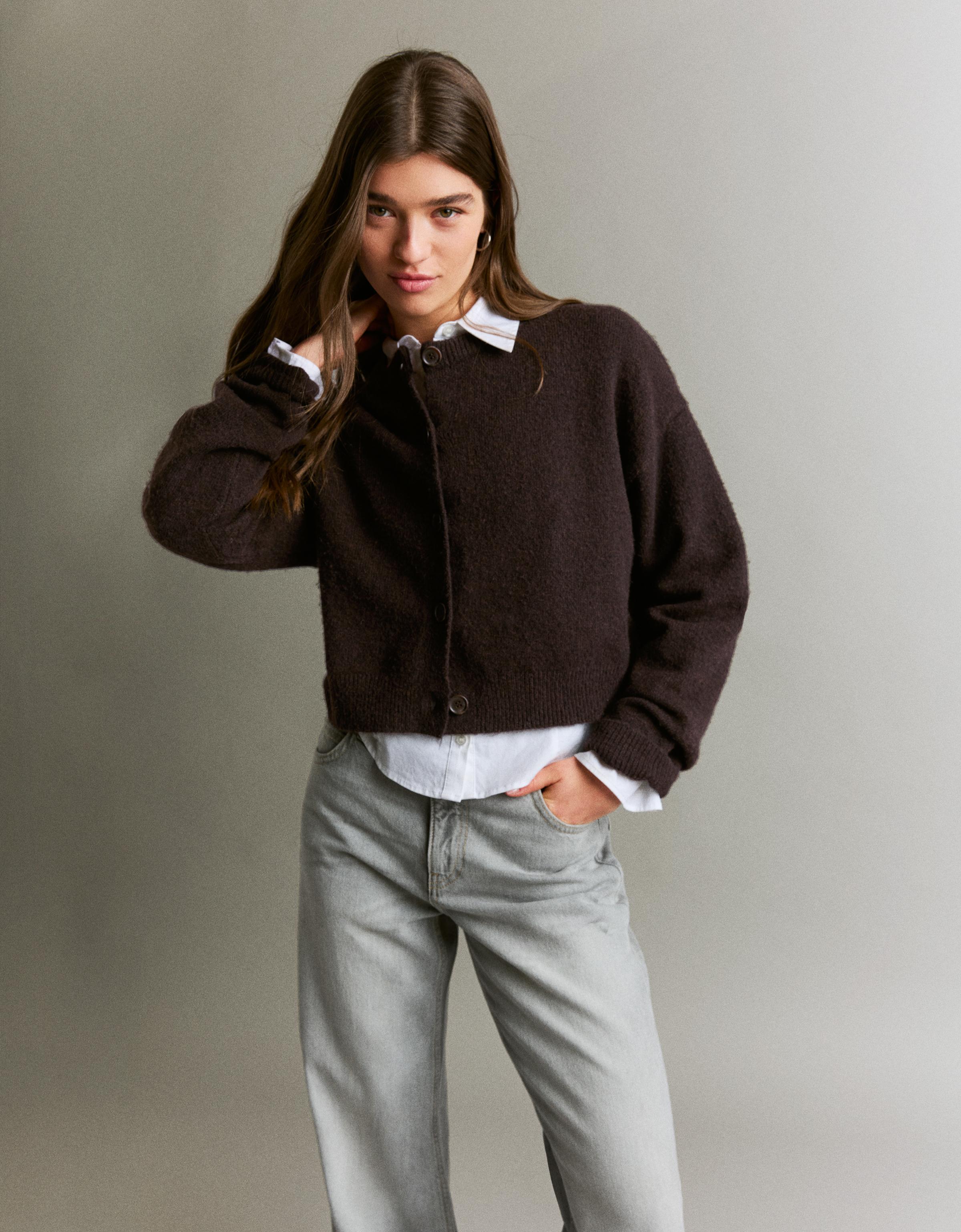 Bershka Cardigan Mit Knöpfen In Soft Touch Qualität Damen Xxs Braun