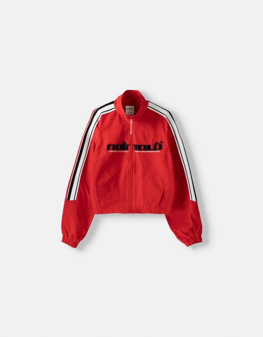 Kolları şeritli naylon ceket-Kırmızı-4