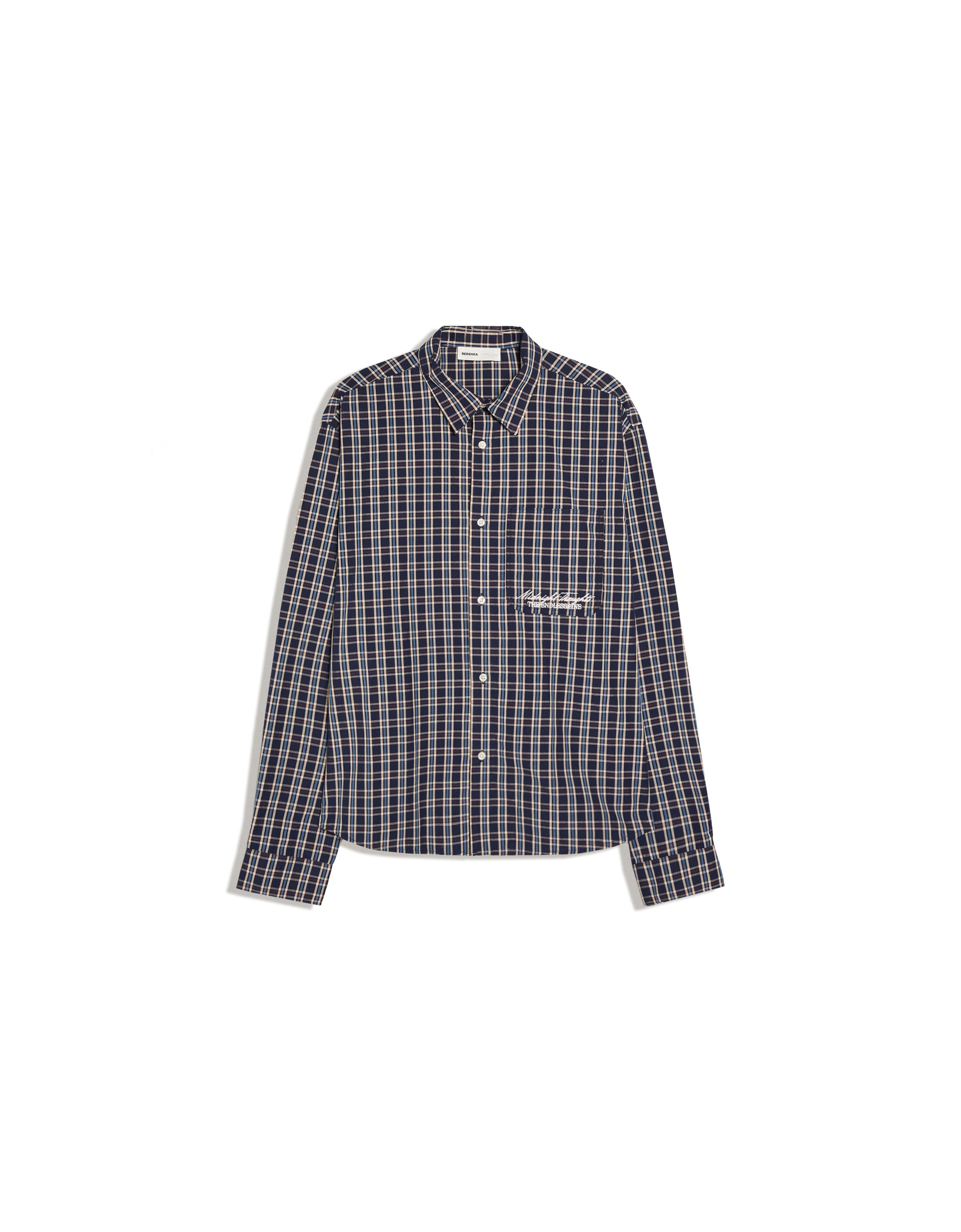 Long sleeve embroidered check shirt — Navy