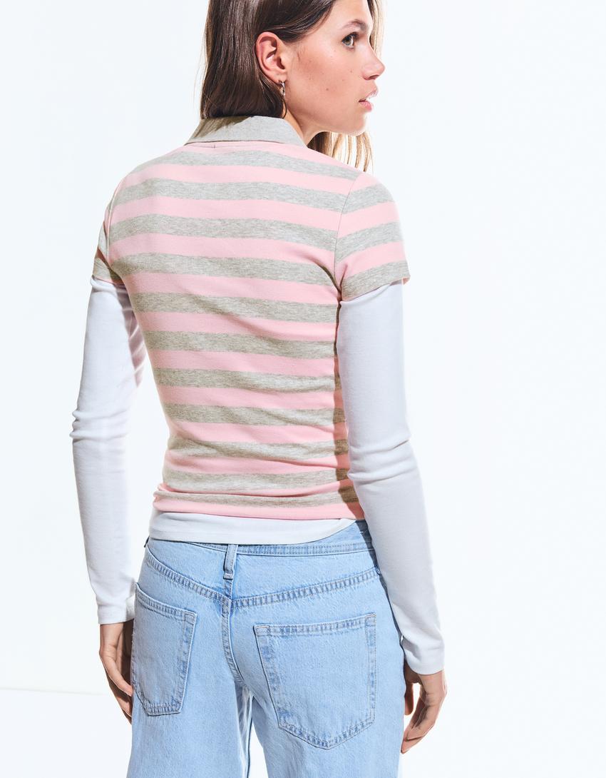 Polo manga curta às riscas-Rosa