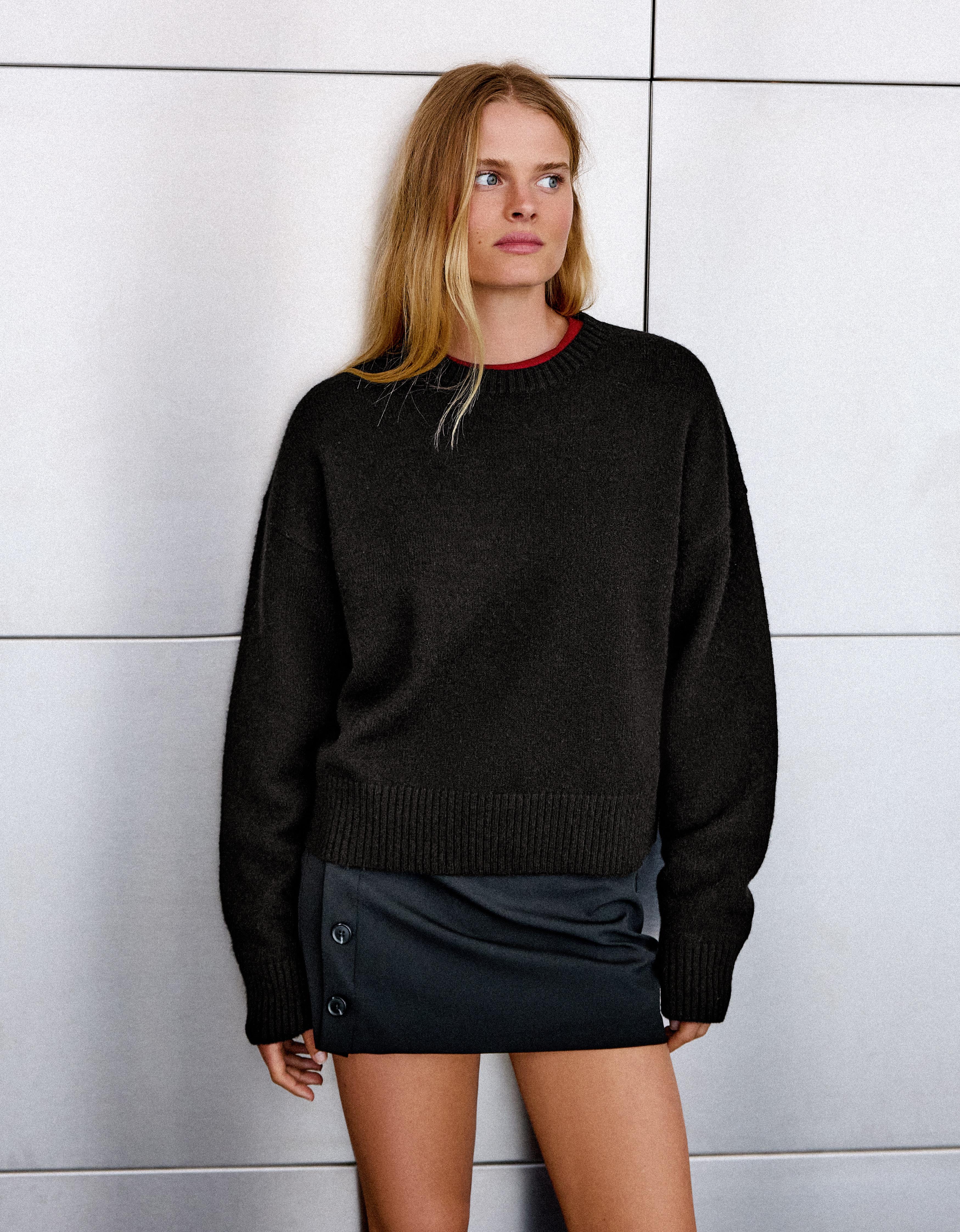 Bershka Jersey Cuello Redondo Mujer L Negro