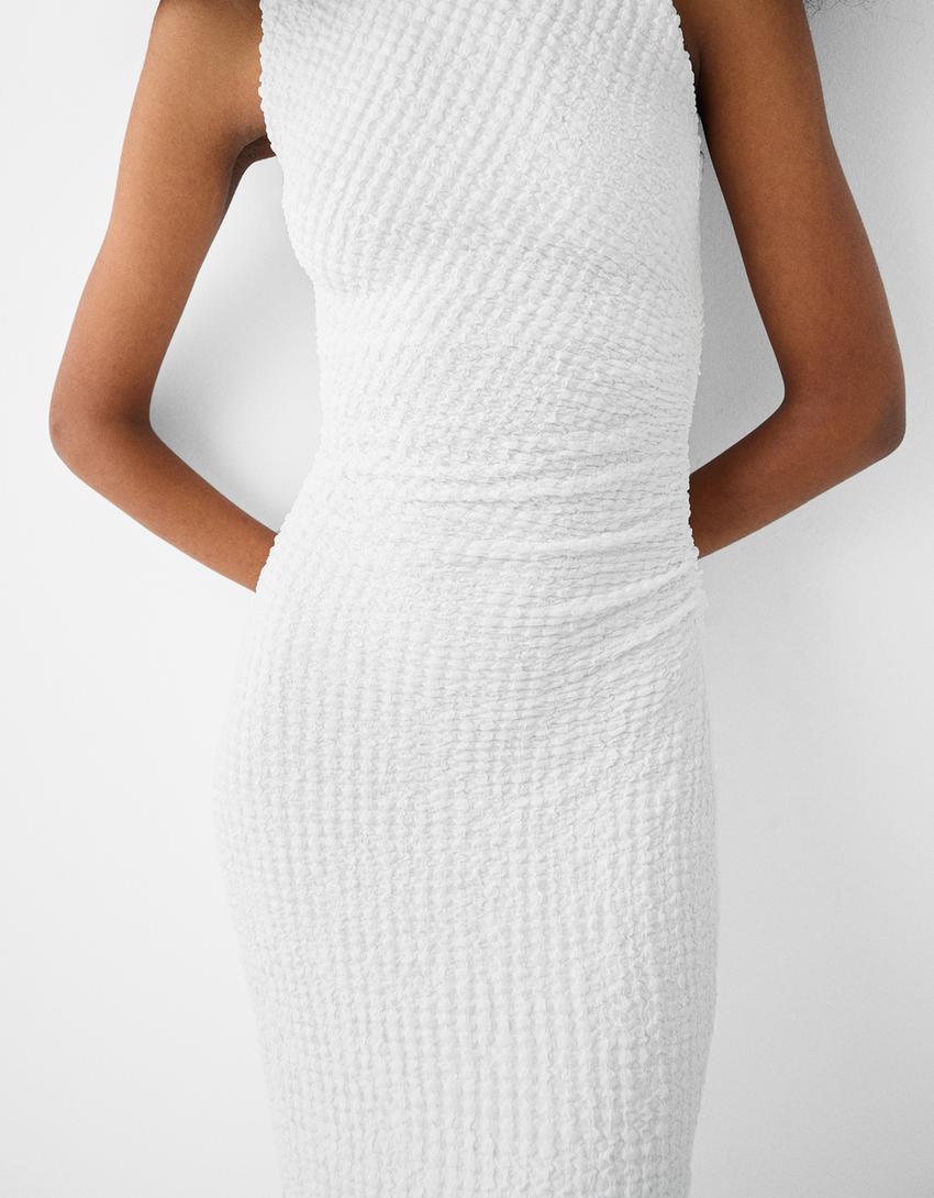 Robe midi sans manches mousseline froncée-Blanc cassé-5