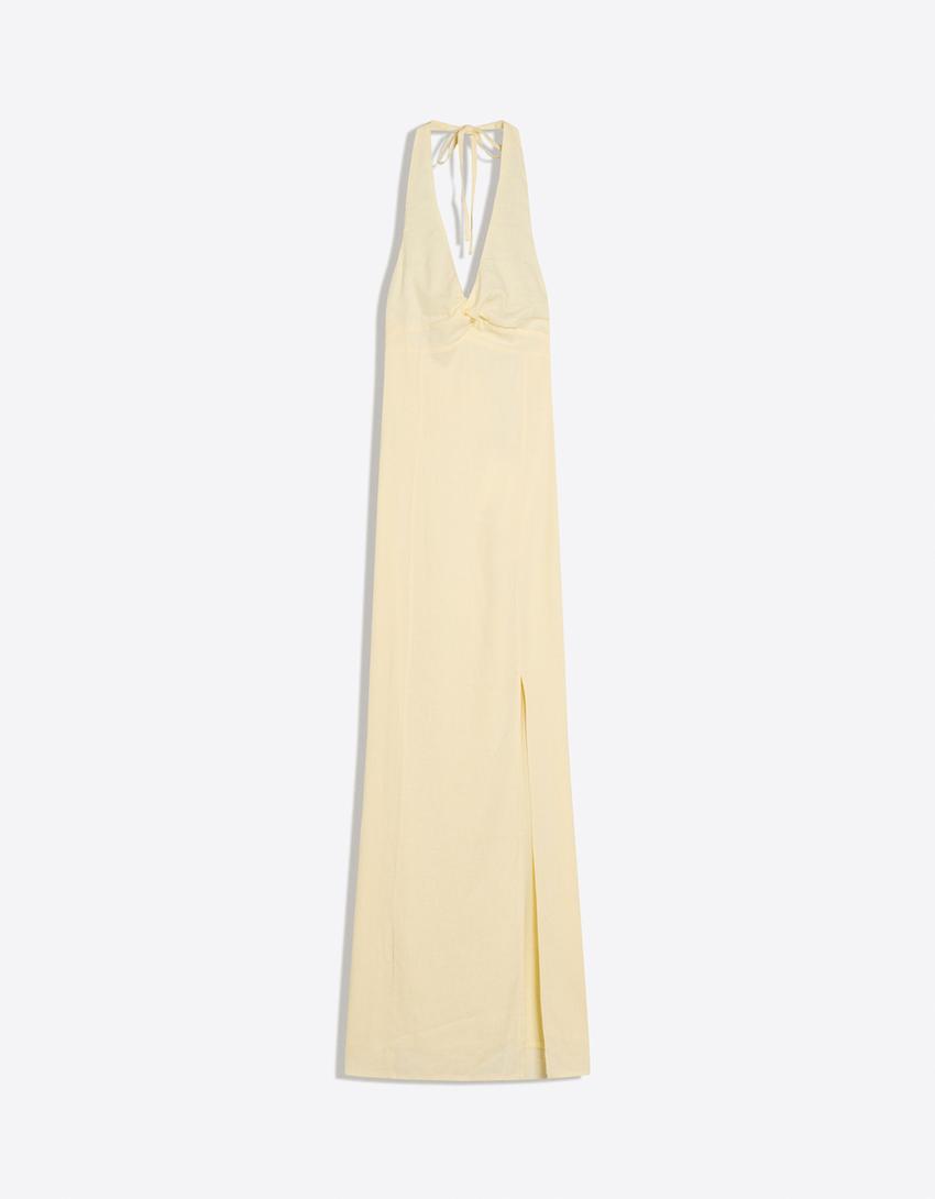 Linen blend halter midi dress-Yellow