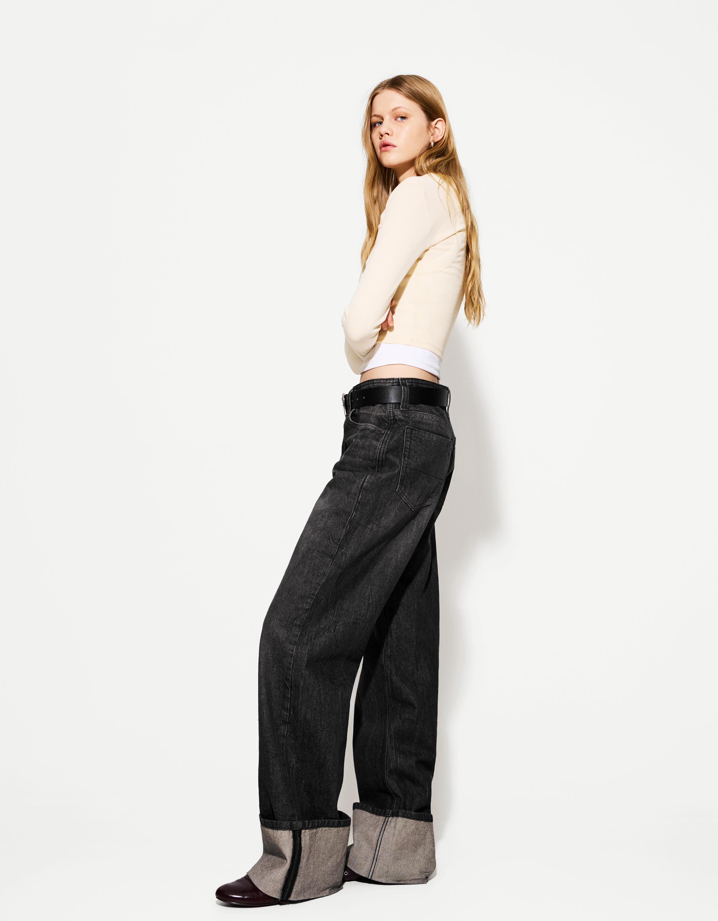 Bershka Wide-Leg-90'S-Jeans Mit Umgeschlagenem Saum Damen 44 Schwarz