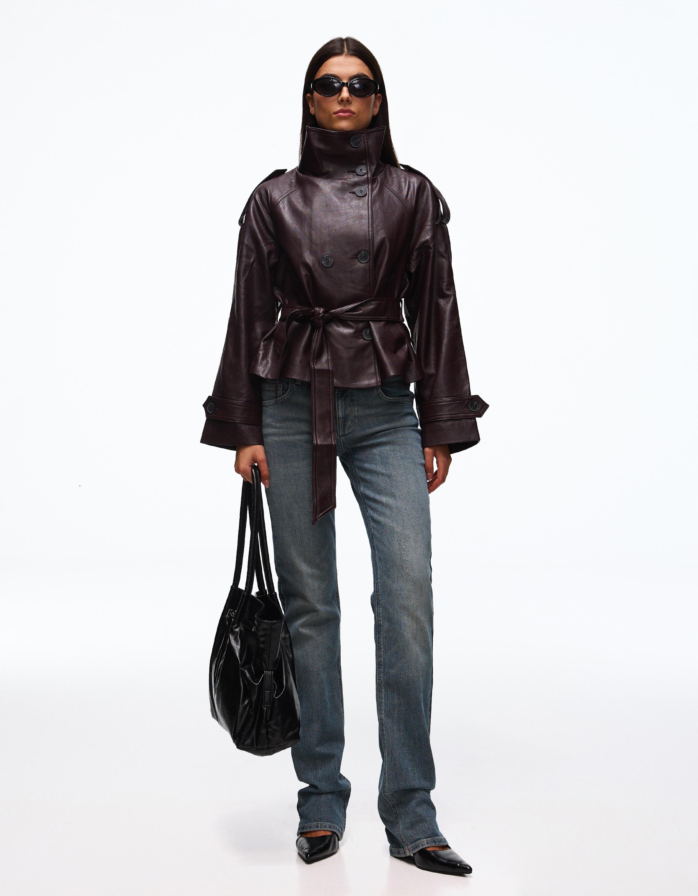 Short leather effect trench jacket — Burgundy