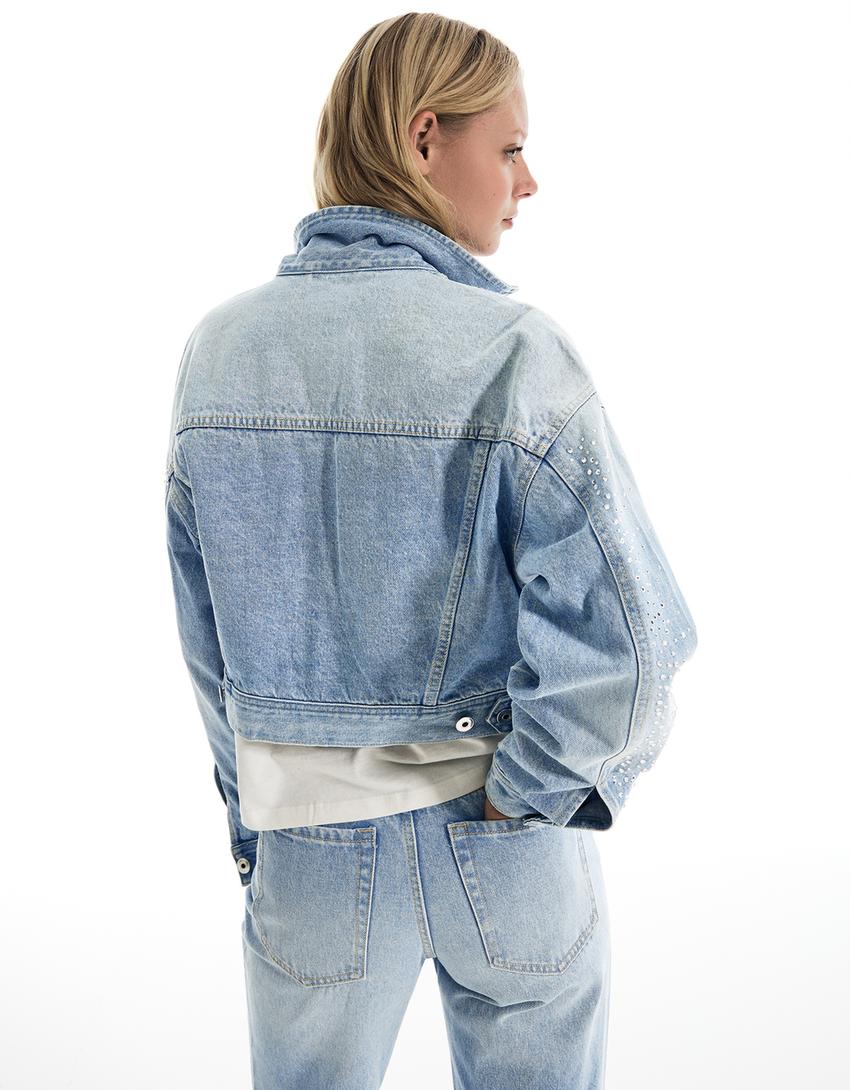Shimmery cropped denim jacket-Light blue