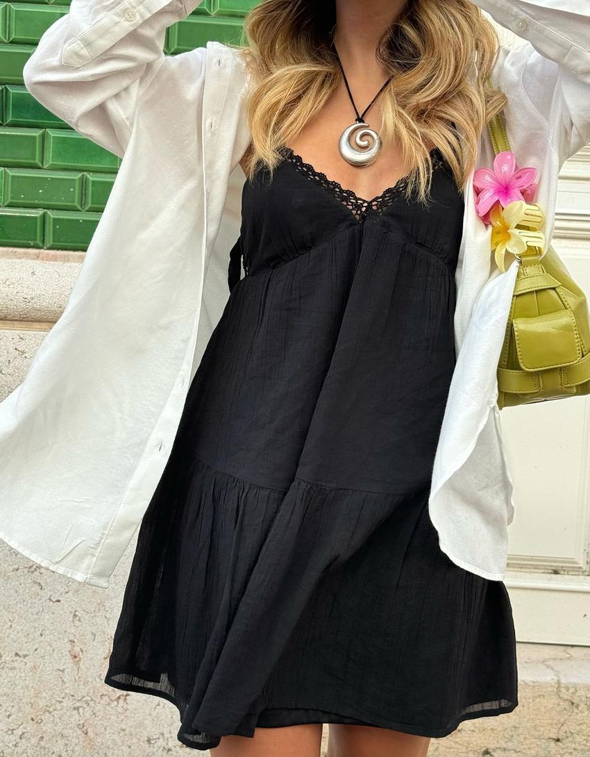 Rochie mini textură danteluță-Negru