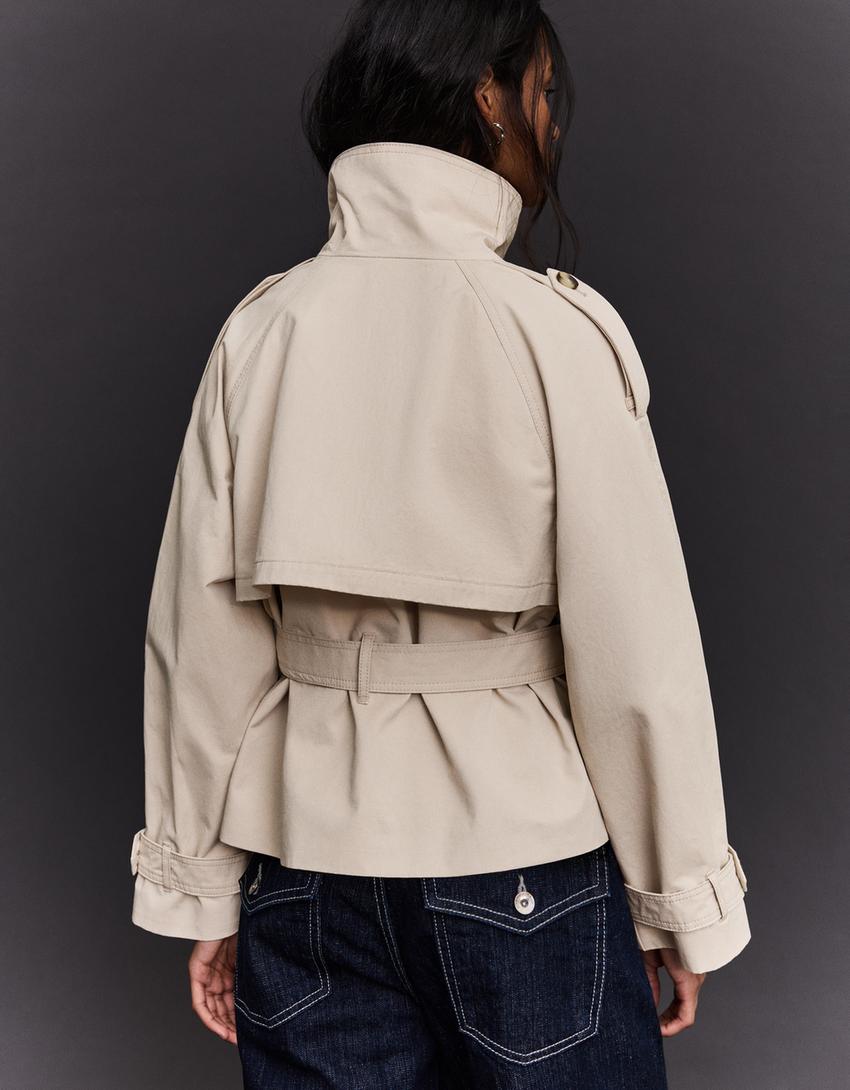 Funnel neck trench jacket-Sand