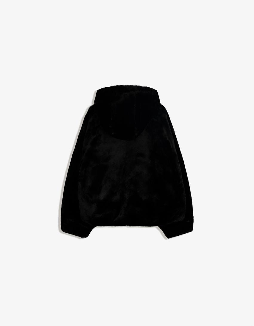 Geacă imitație de blană glugă-Negru-1