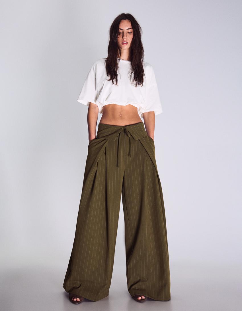 Darted trousers with turn-up waist-Khaki