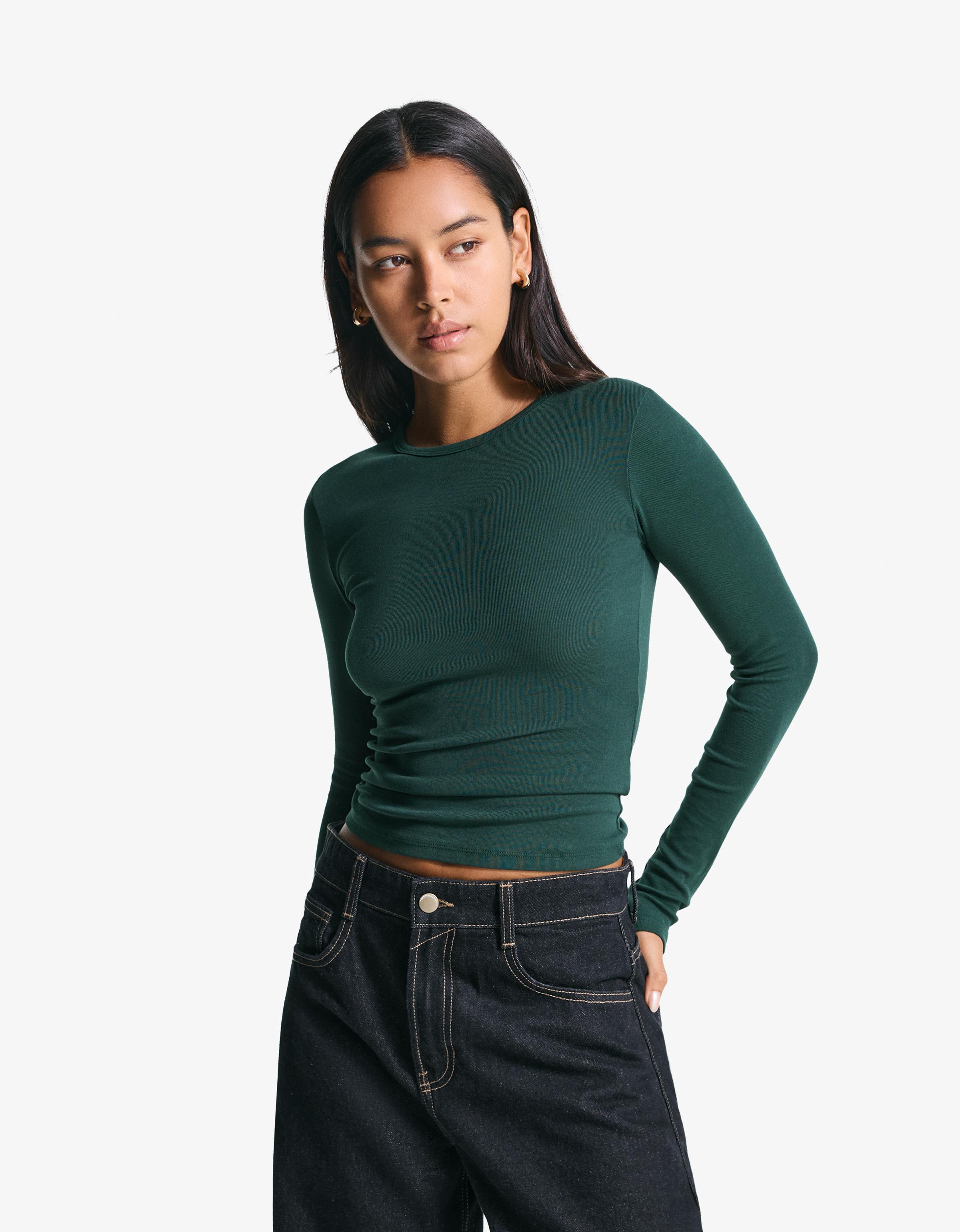 Bershka Langarmshirt Damen L Grün