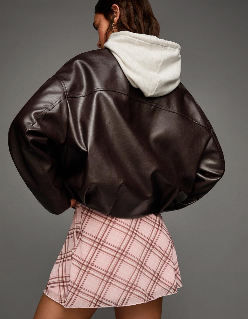 Faux leather bomber jacket with belt-Brown-1