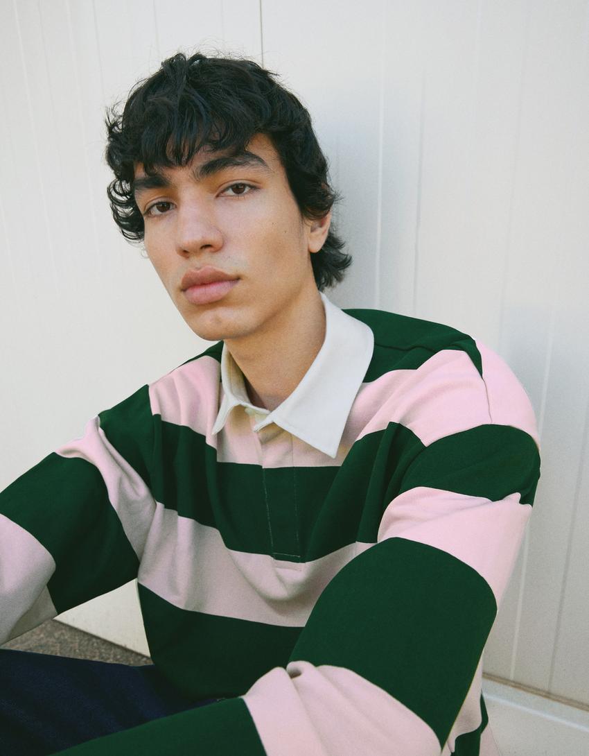 Striped plush polo shirt-Pink