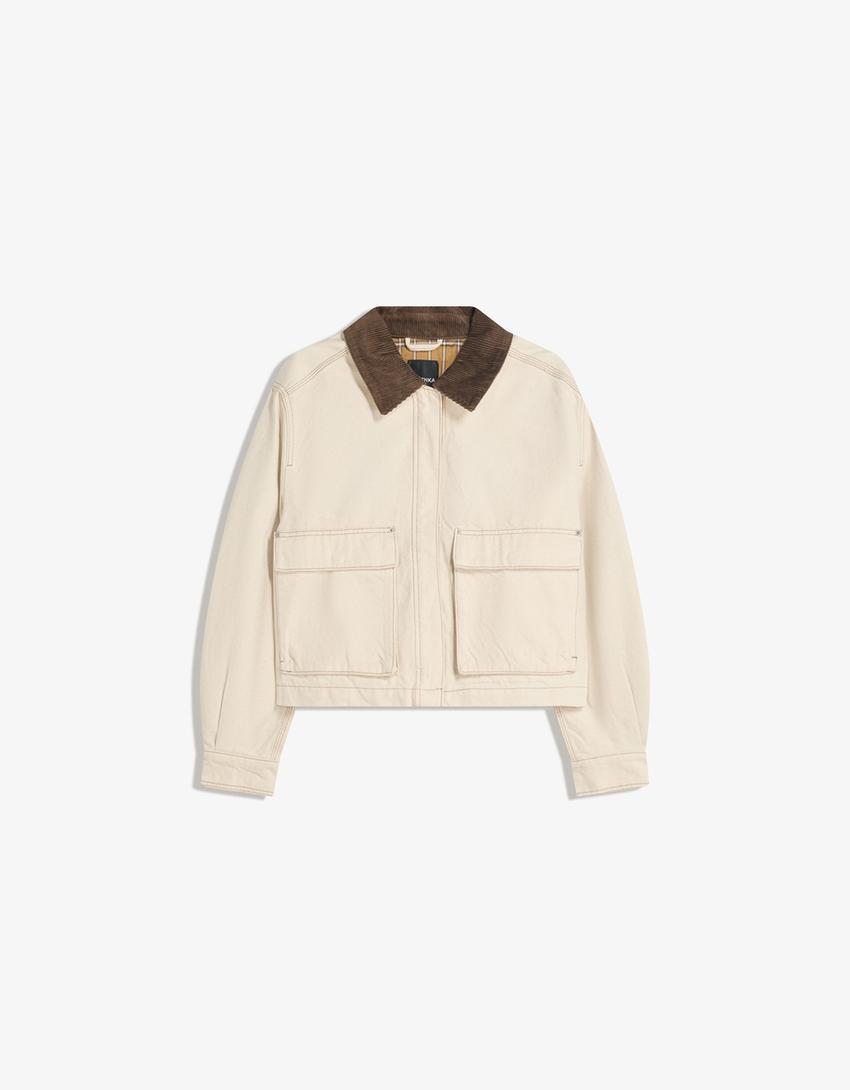 Jacket with corduroy collar-Camel-3