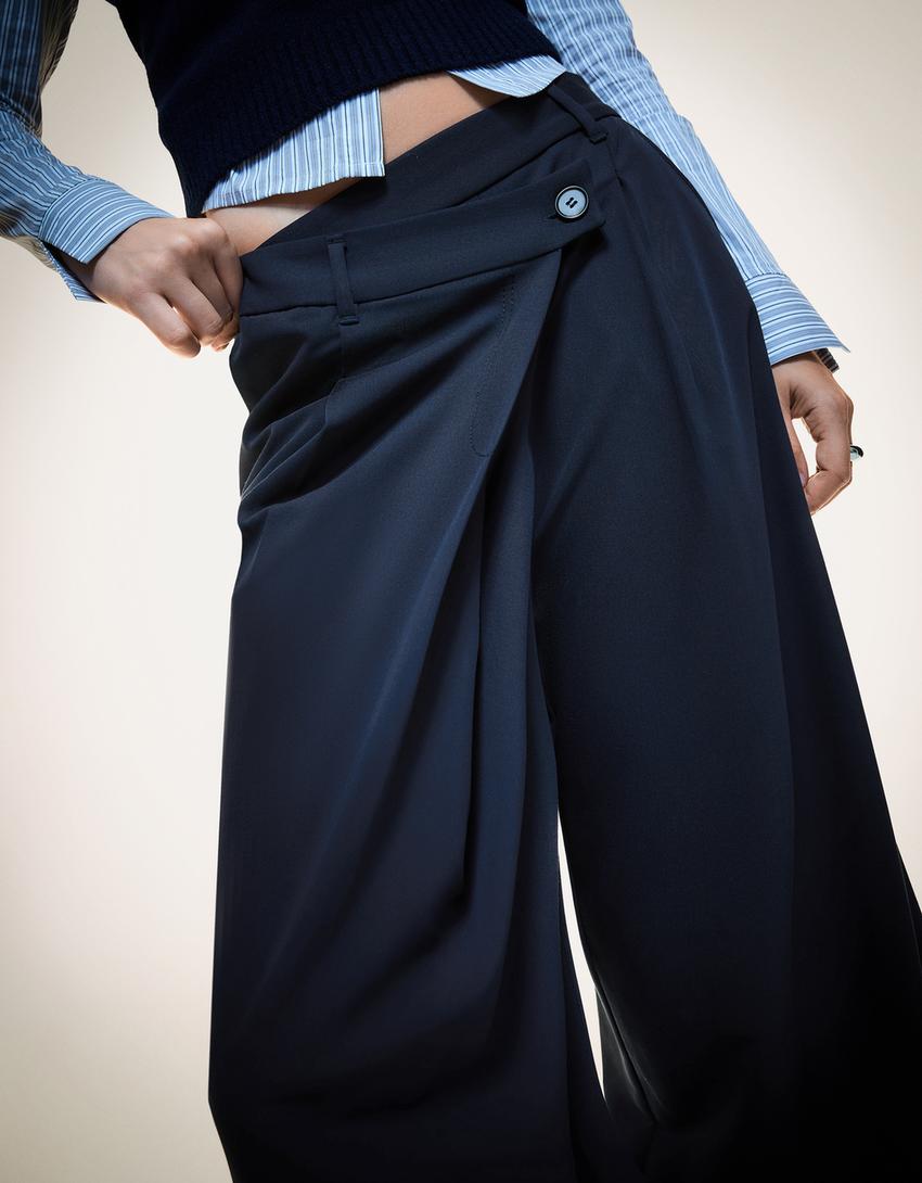 Tailored fit trousers with crossover waist-Navy-0