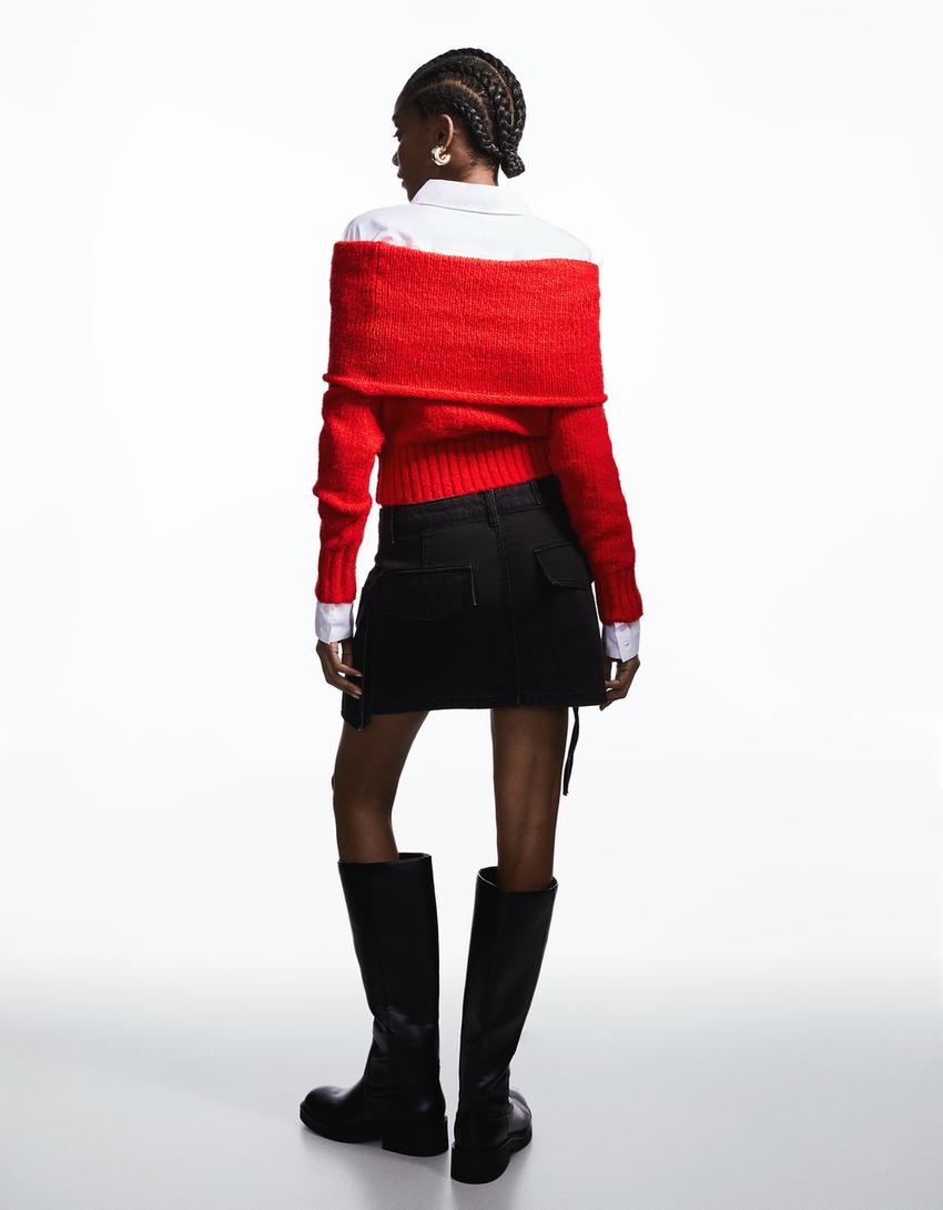 تنورة قصيرة تويل متعددة الجيوب-أسود-1