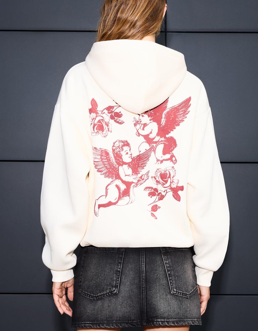 Baskılı kapüşonlu sweatshirt-Krem-1