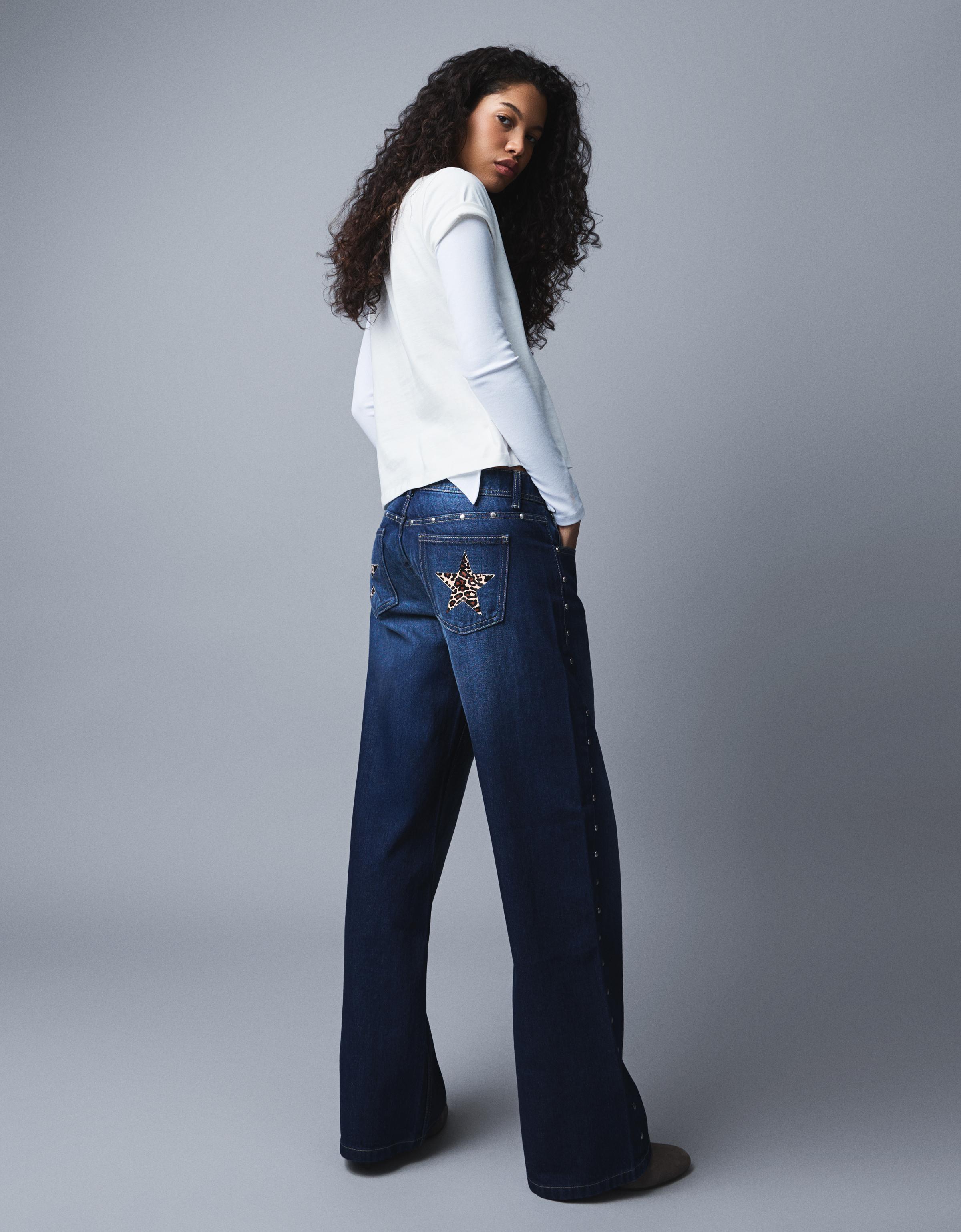 Bershka Baggy Jeans Mit Tiefem Bund Und Sternnieten Damen 40 Blau