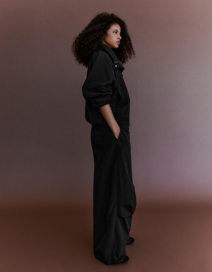 Oversize naylon yarasa kollu ceket-Siyah
