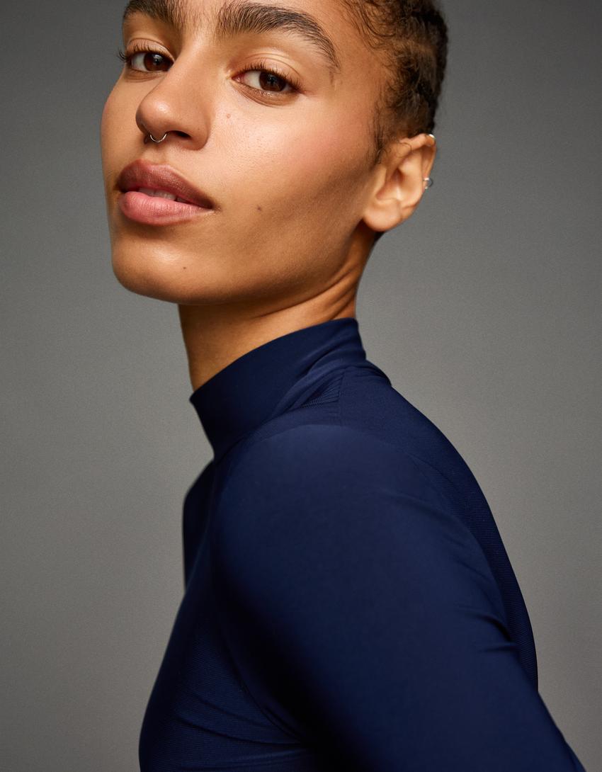 Long sleeve mock neck bodysuit-Navy