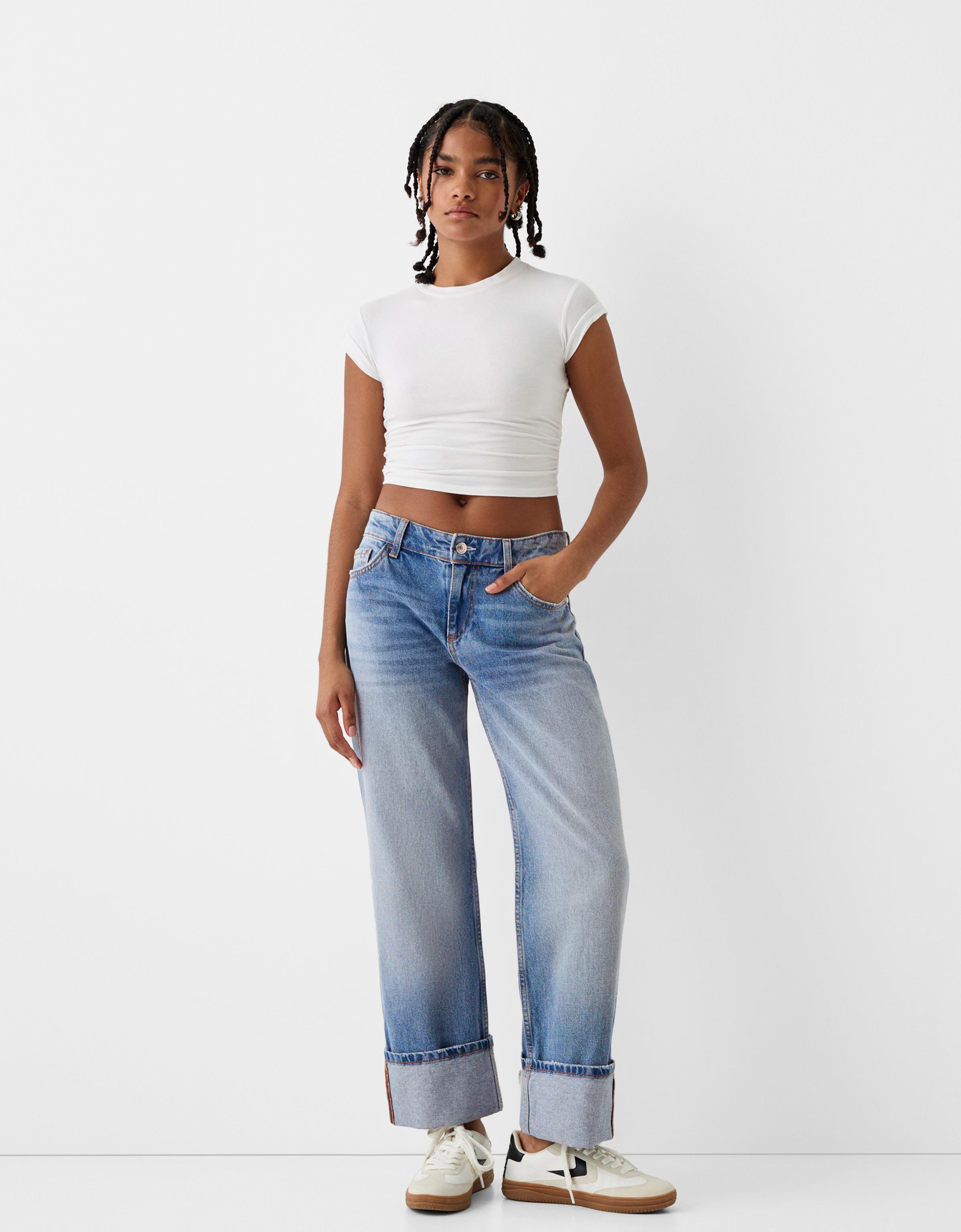 Cropped straight leg jeans with turn up hems Jeans BSK Teen Bershka