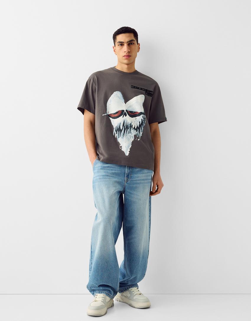 Boxy fit short sleeve T-shirt with Machine Gun Kelly print-Grey