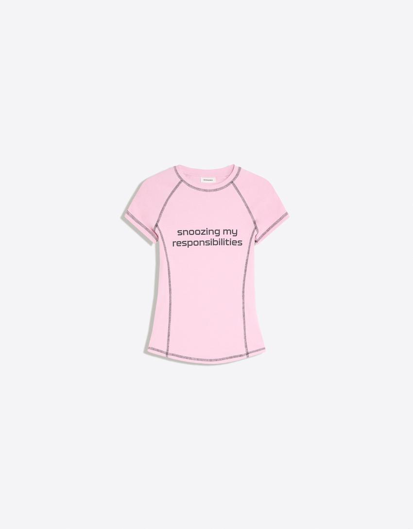 Printed short raglan sleeve T-shirt-Pink