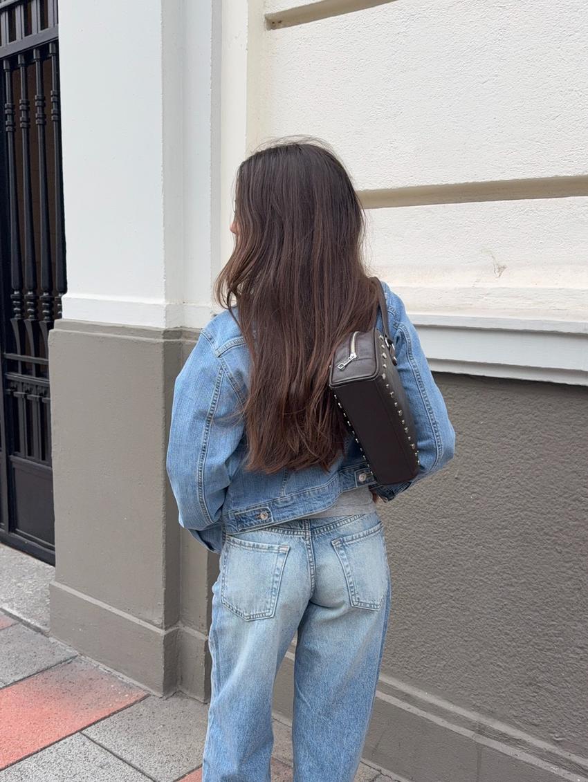 Jeans de perna larga straight fit cintura subida-Azul lavado