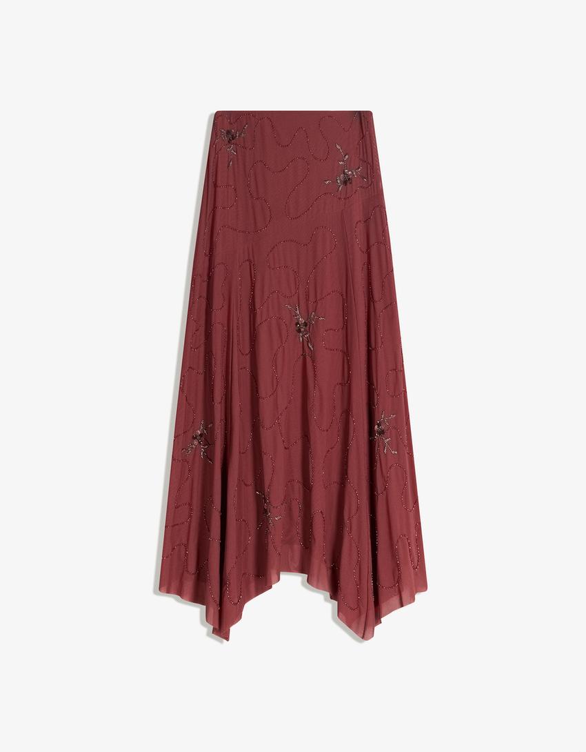 تنورة ميدي غير متماثلة بتطريز لامع-بنفسجي