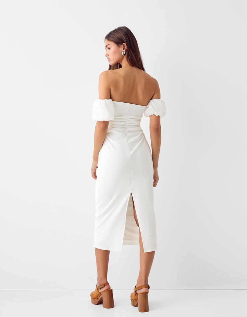 Robe midi manches courtes contrastantes crêpe popeline-Blanc cassé-2
