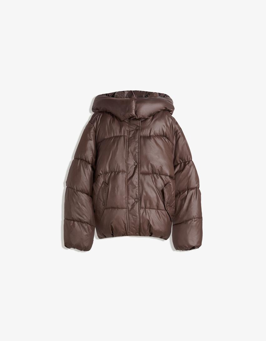Puffer jacket with hood-Brown-3