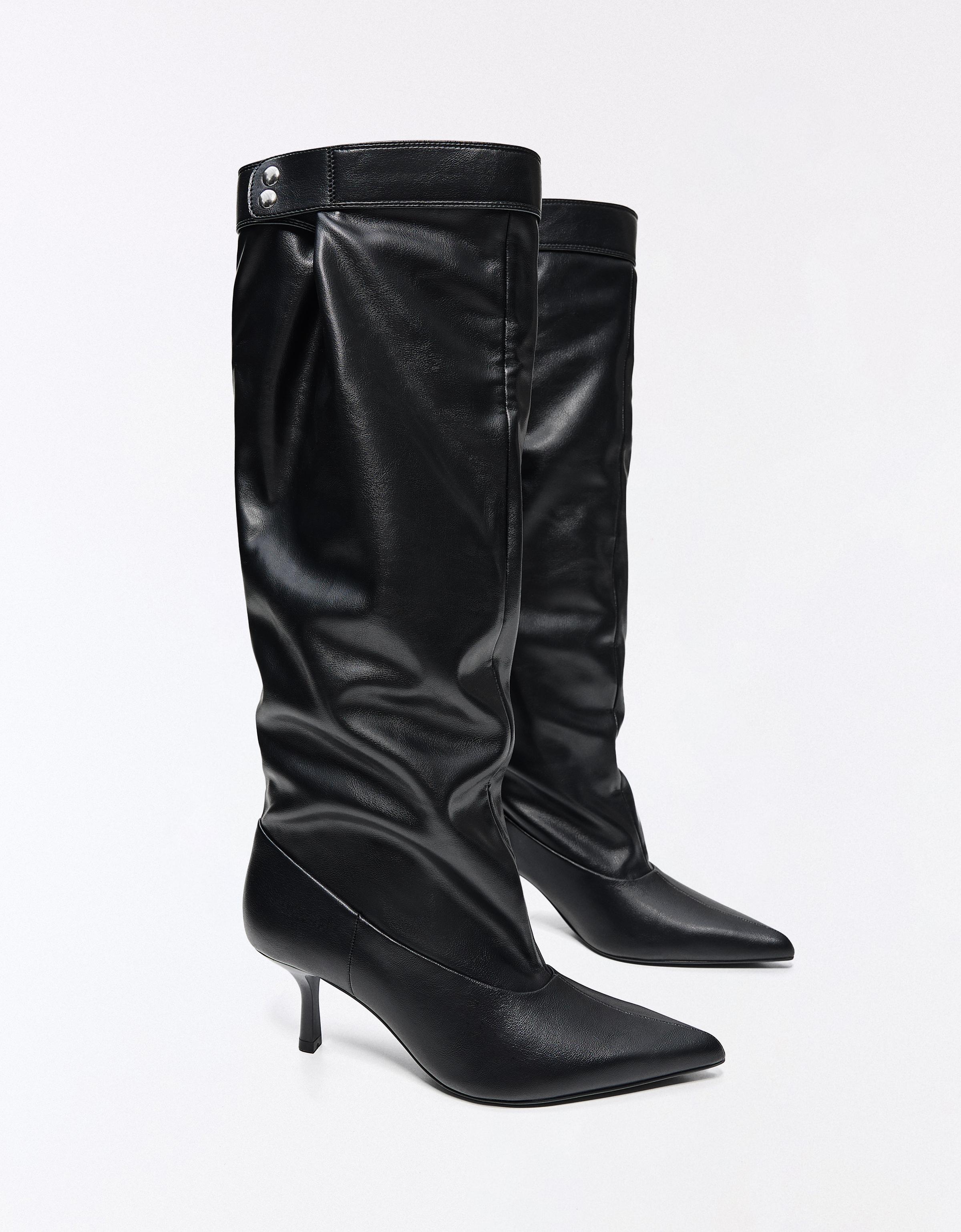 Adjustable slouchy heel boots — BLACK