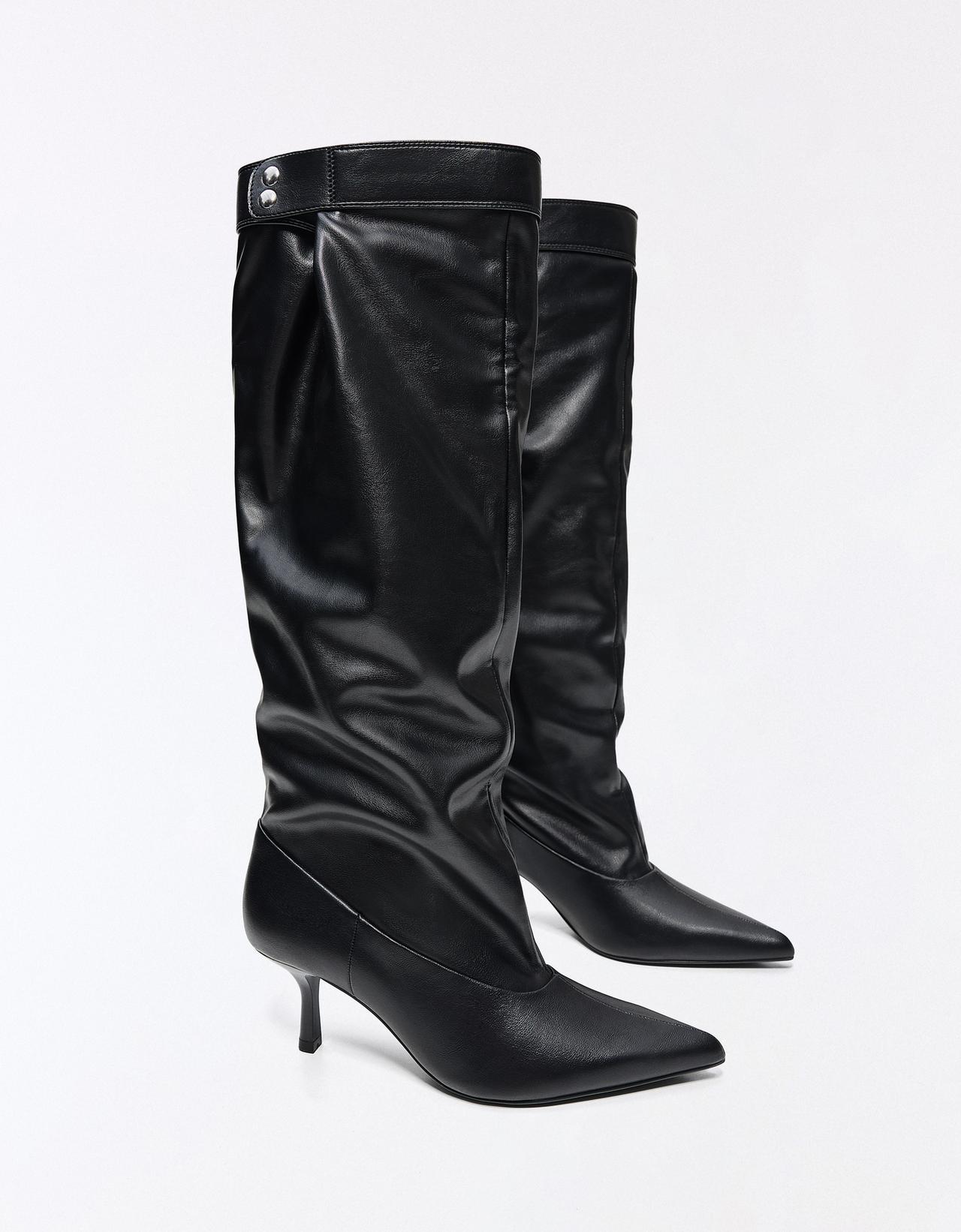 Adjustable slouchy heel boots — BLACK