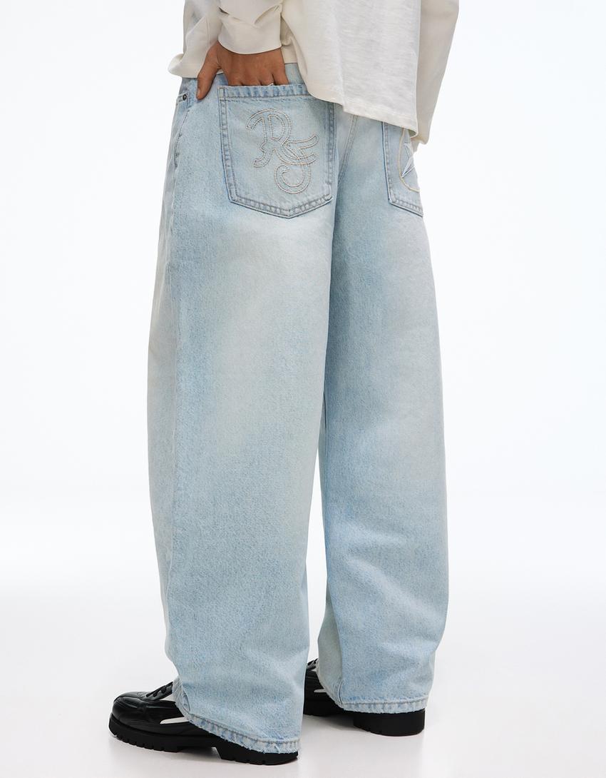 Jeans barrel bordado-Azul claro