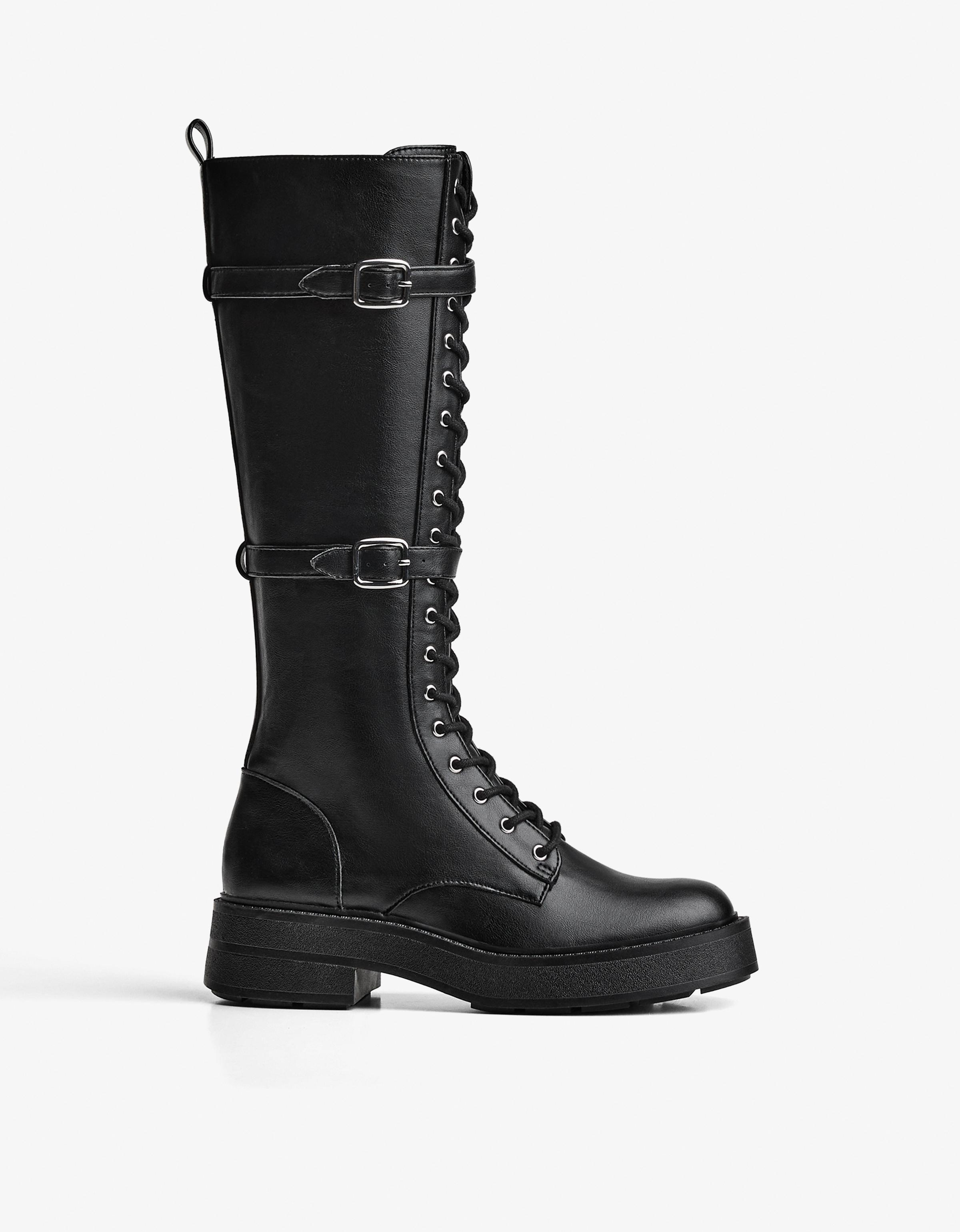 Bershka Flache Schnürstiefel Mit Schnallen Damen 41 Schwarz