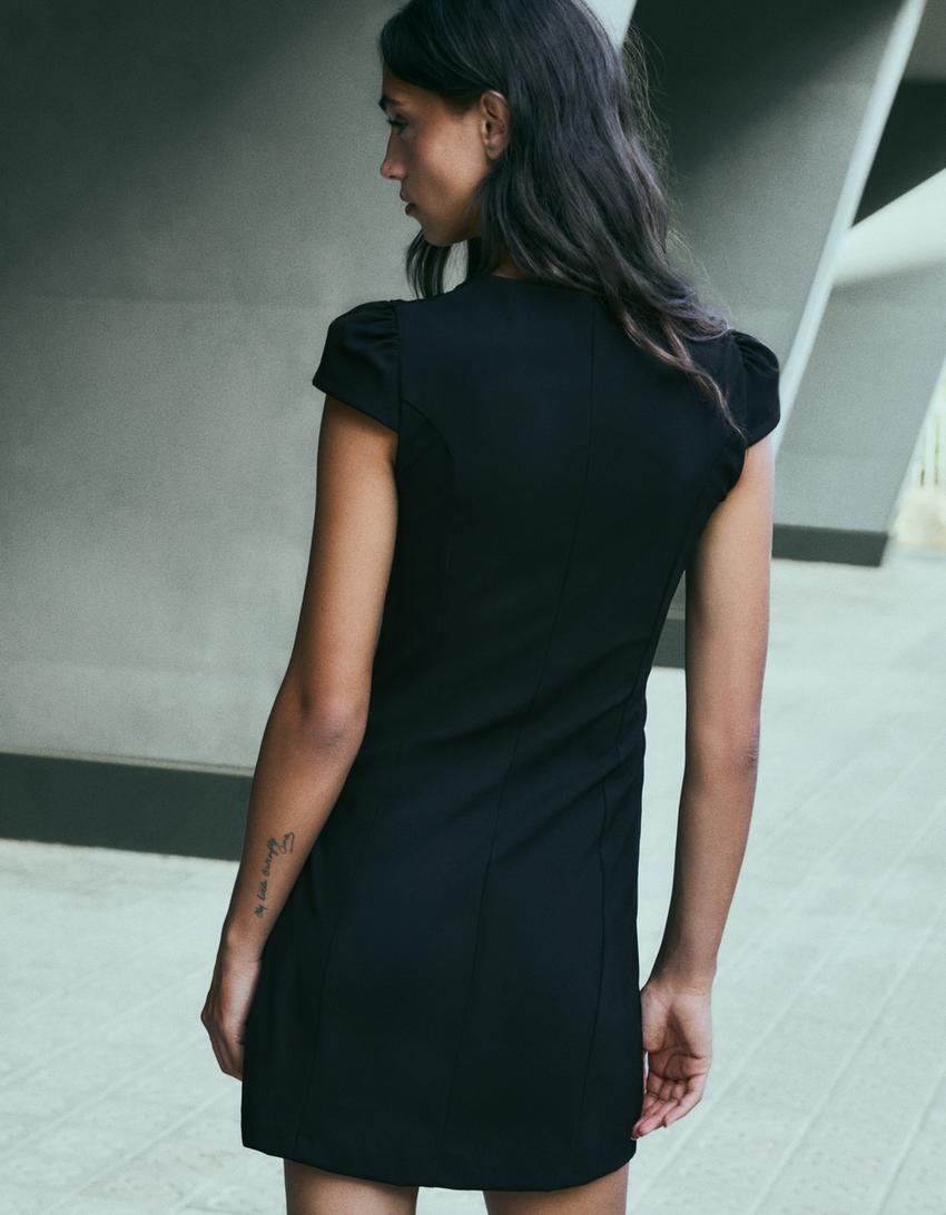 Short sleeve button mini dress-Black