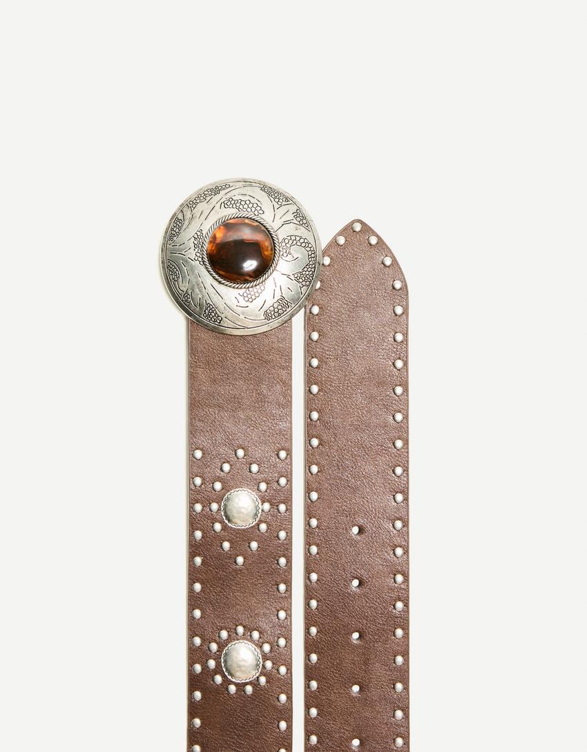 Wide leather effect buckled belt-Brown