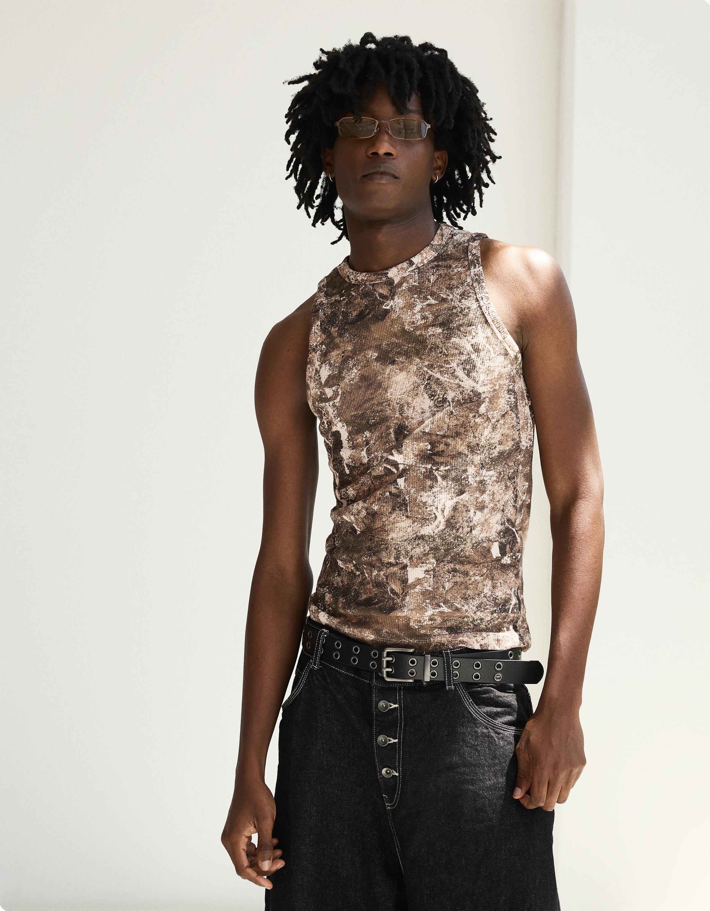 Bershka Camiseta Tirantes Waffle Print Hombre Verde