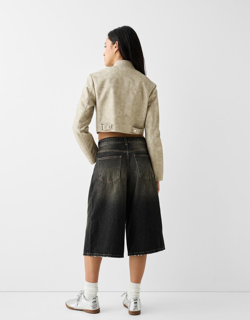 Faux leather jacket with side stripes-Sand