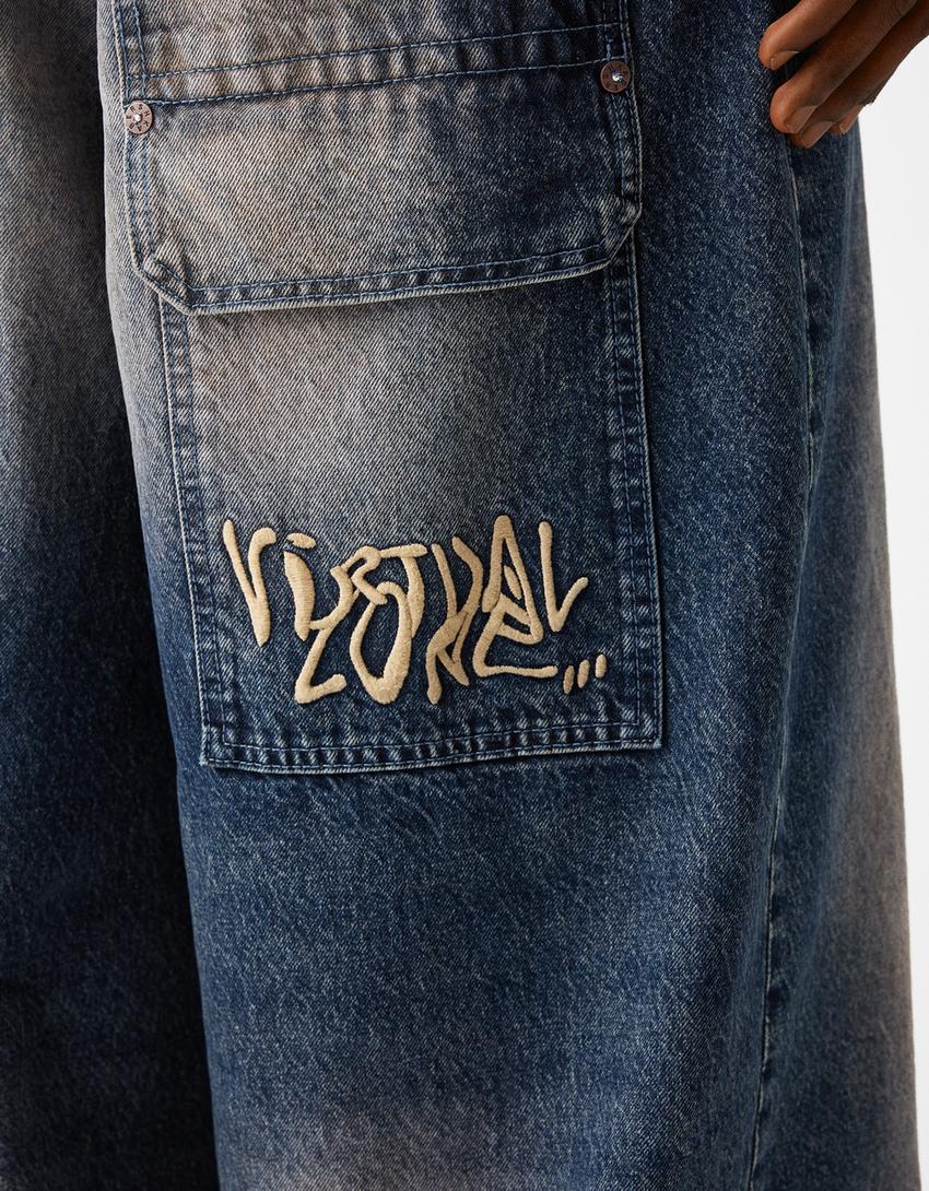 Jean super baggy broderie-Bleu-5