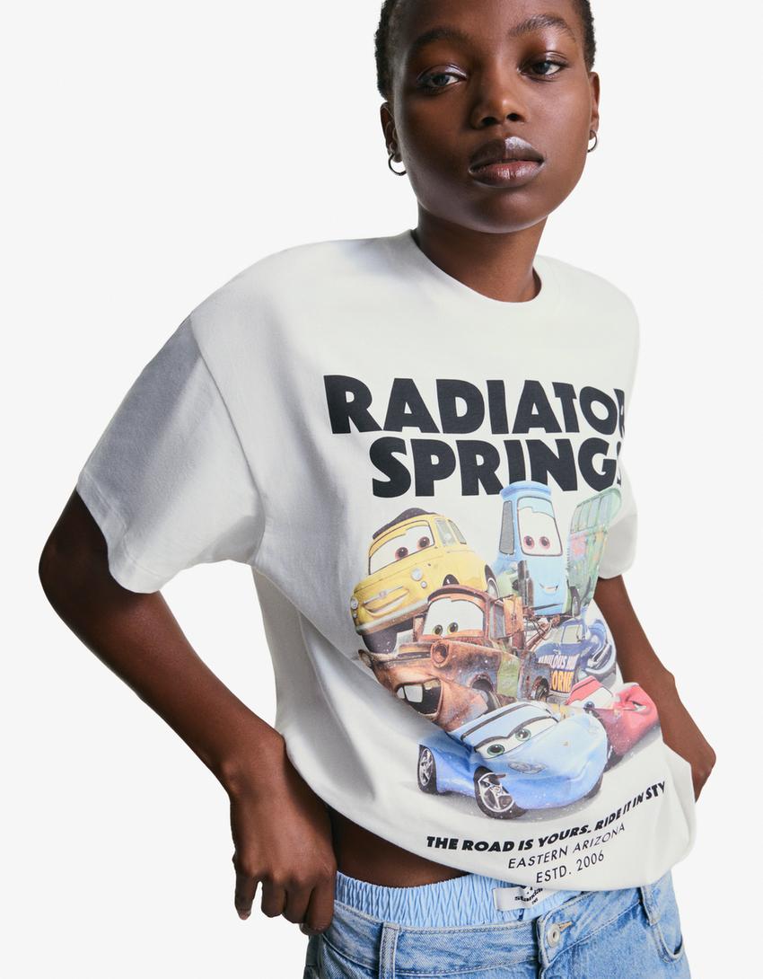 T-shirt met Cars print en korte mouw-Gebroken Wit