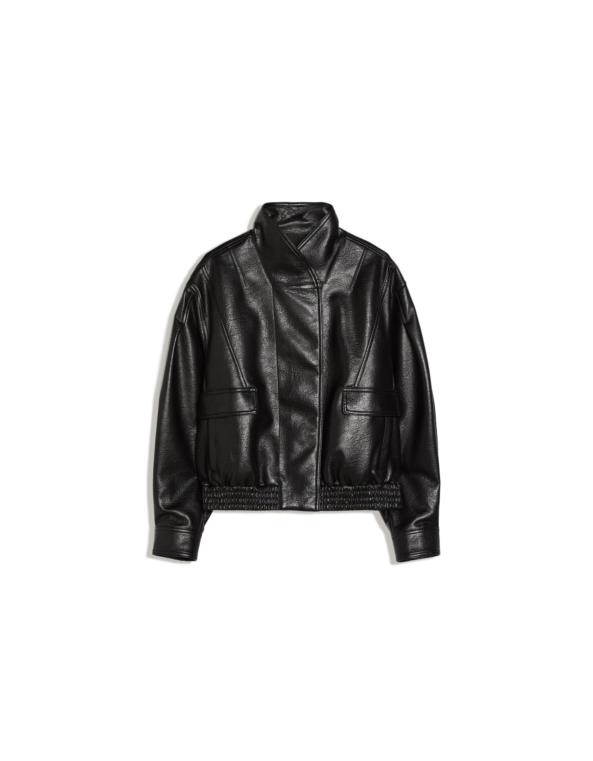 Oversize leather effect jacket with crossover collar — Black