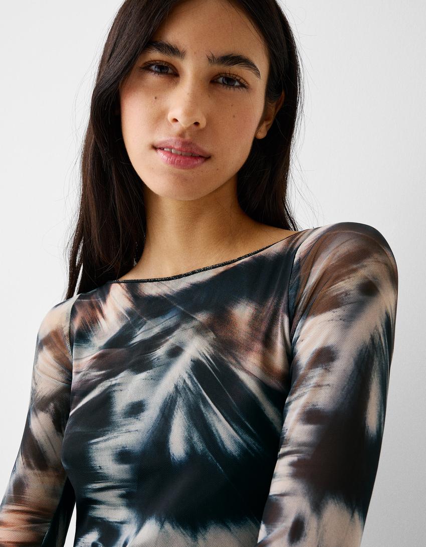 Long sleeve tulle print T-shirt-Black-5