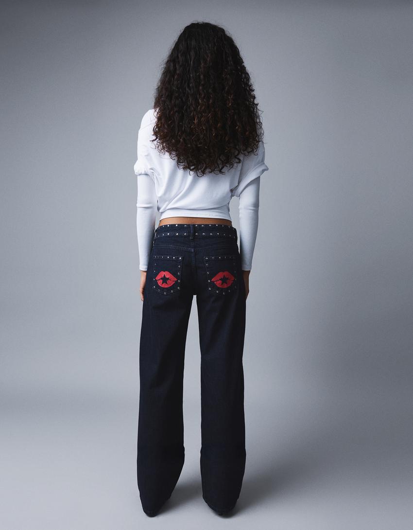 Jeans baggy low-rise dengan stud-Navy