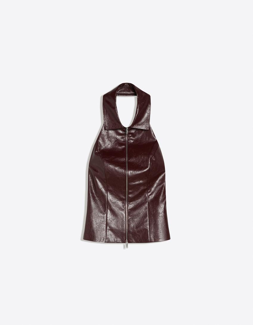 Zip-up halter top-Maroon