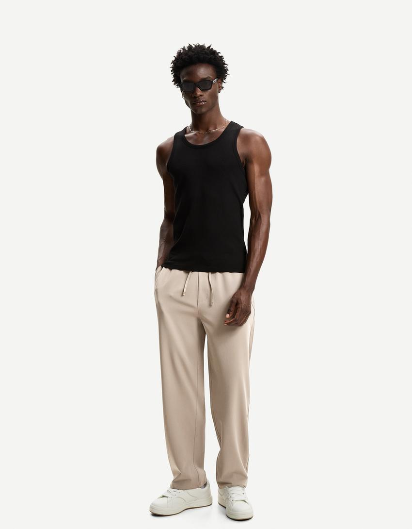 מכנסי טרנינג מחויטים Straight fit-חול-0