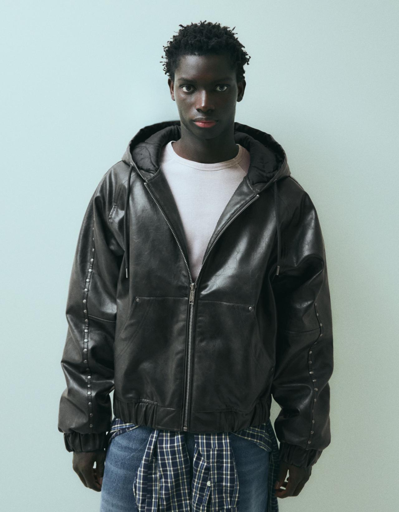 Studded faux leather jacket — Dark grey
